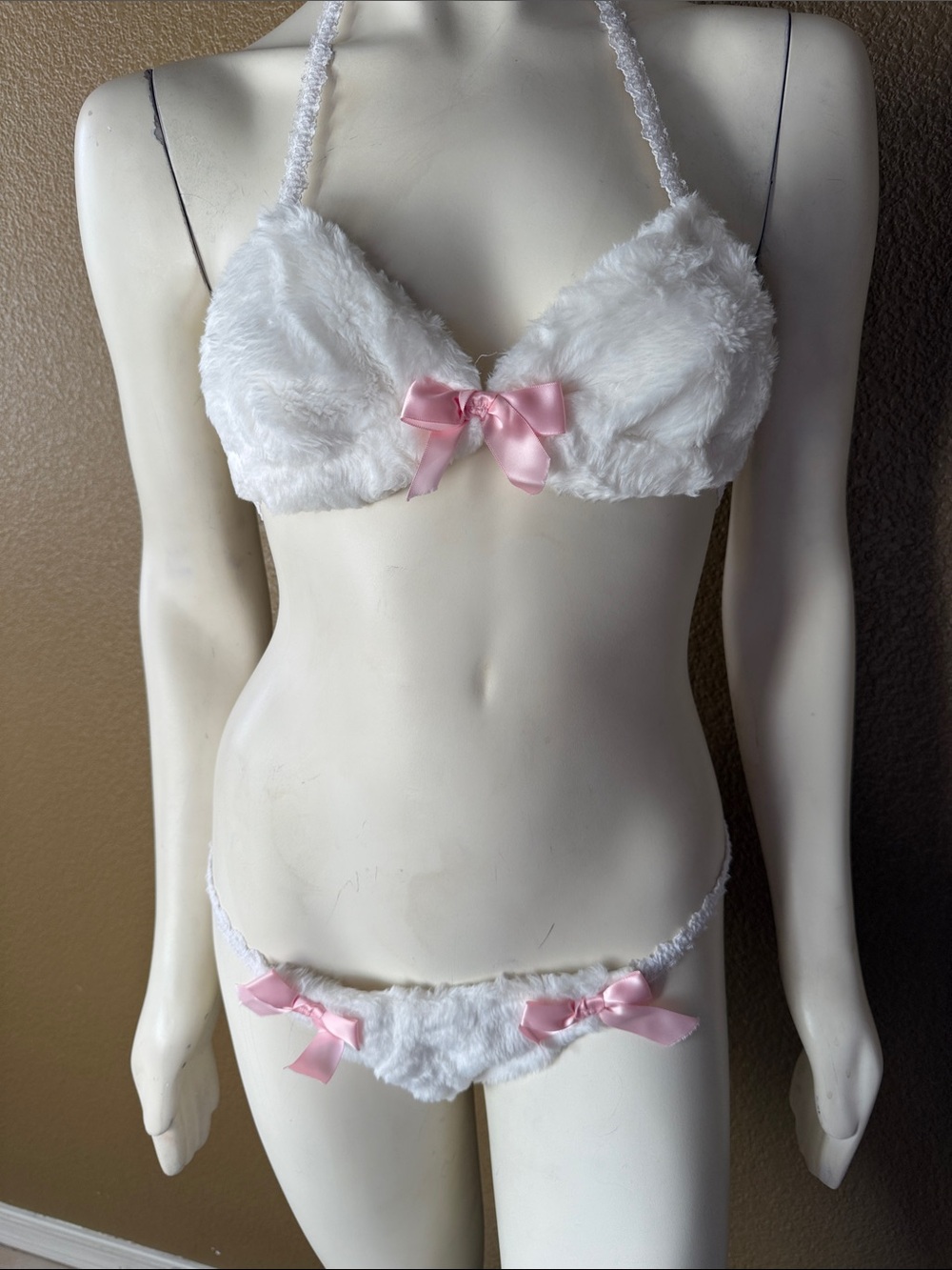 1990s Vintage White Faux Fur Bra & Panty Set with Pink Bows & bunny tail